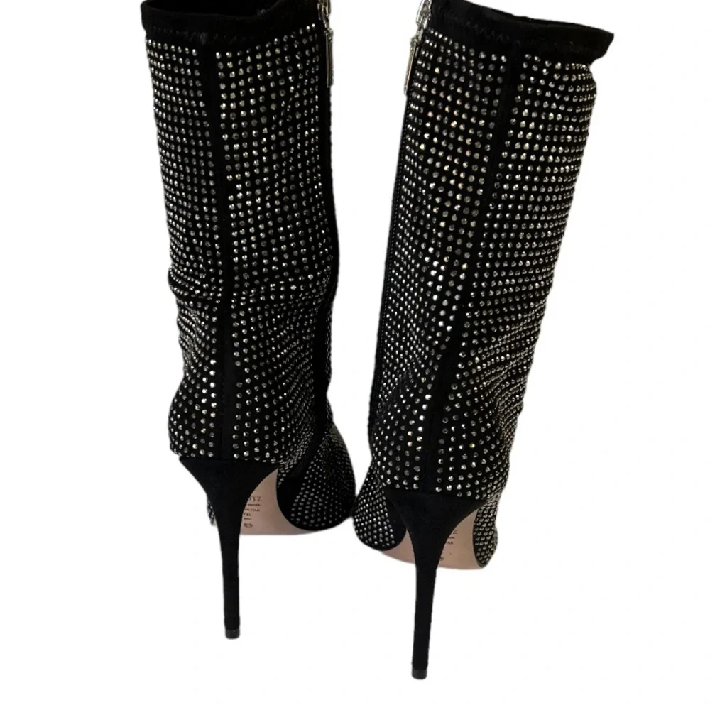 Schutz Sybil Suede Rhinestone Boots Black Silver Embellished Stiletto Women's 7